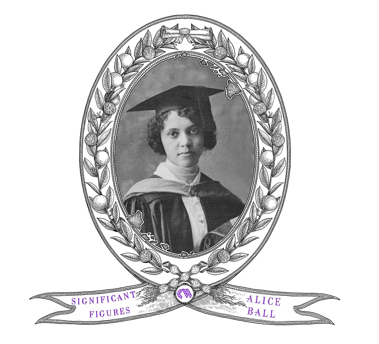 卒業式ガウンを着たアリス・ボールの詳細な線画と柔らかな陰影による肖像イラスト