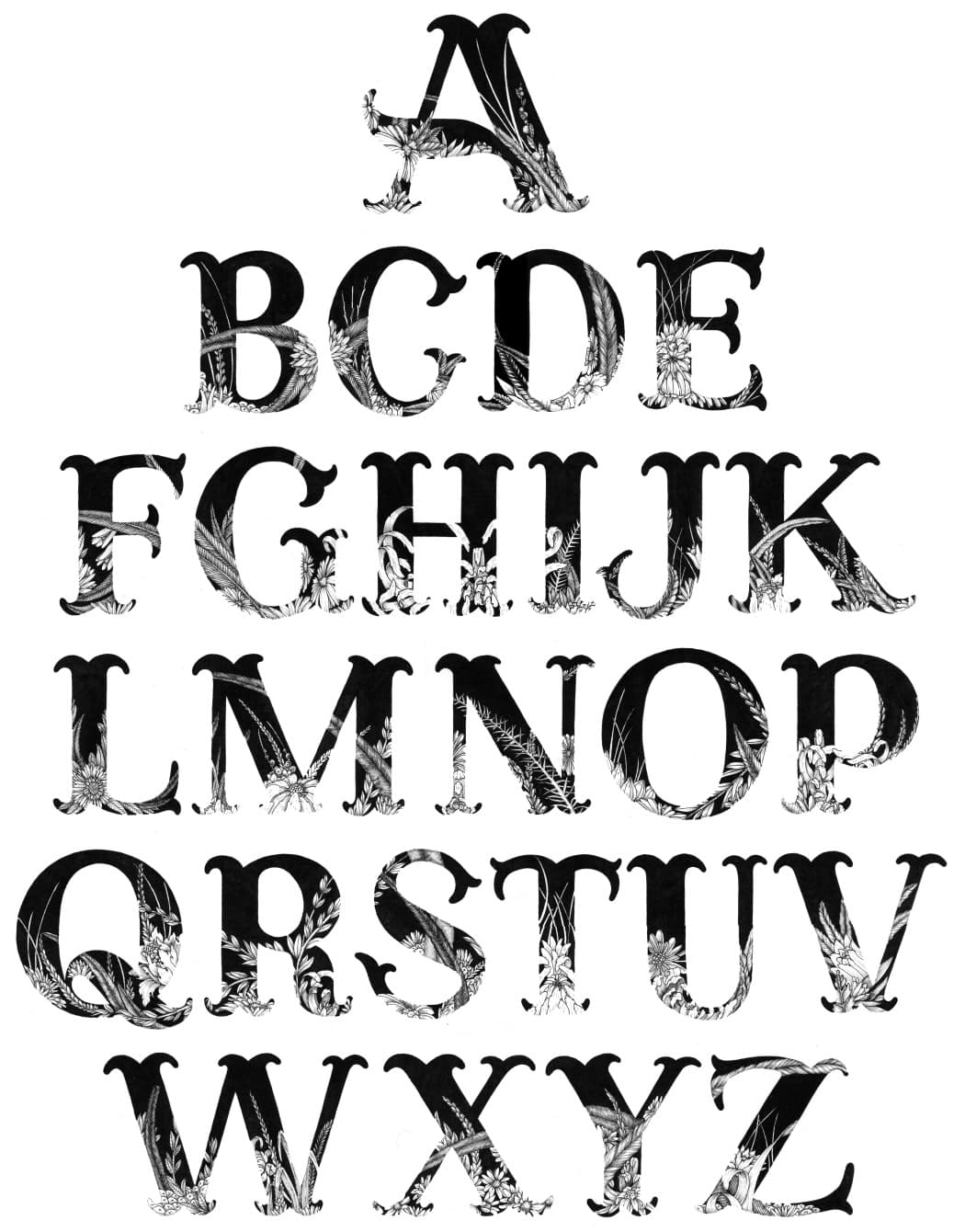 それぞれが異なる花や植物要素と精巧に絡み合ったアルファベット文字のグリッド線画