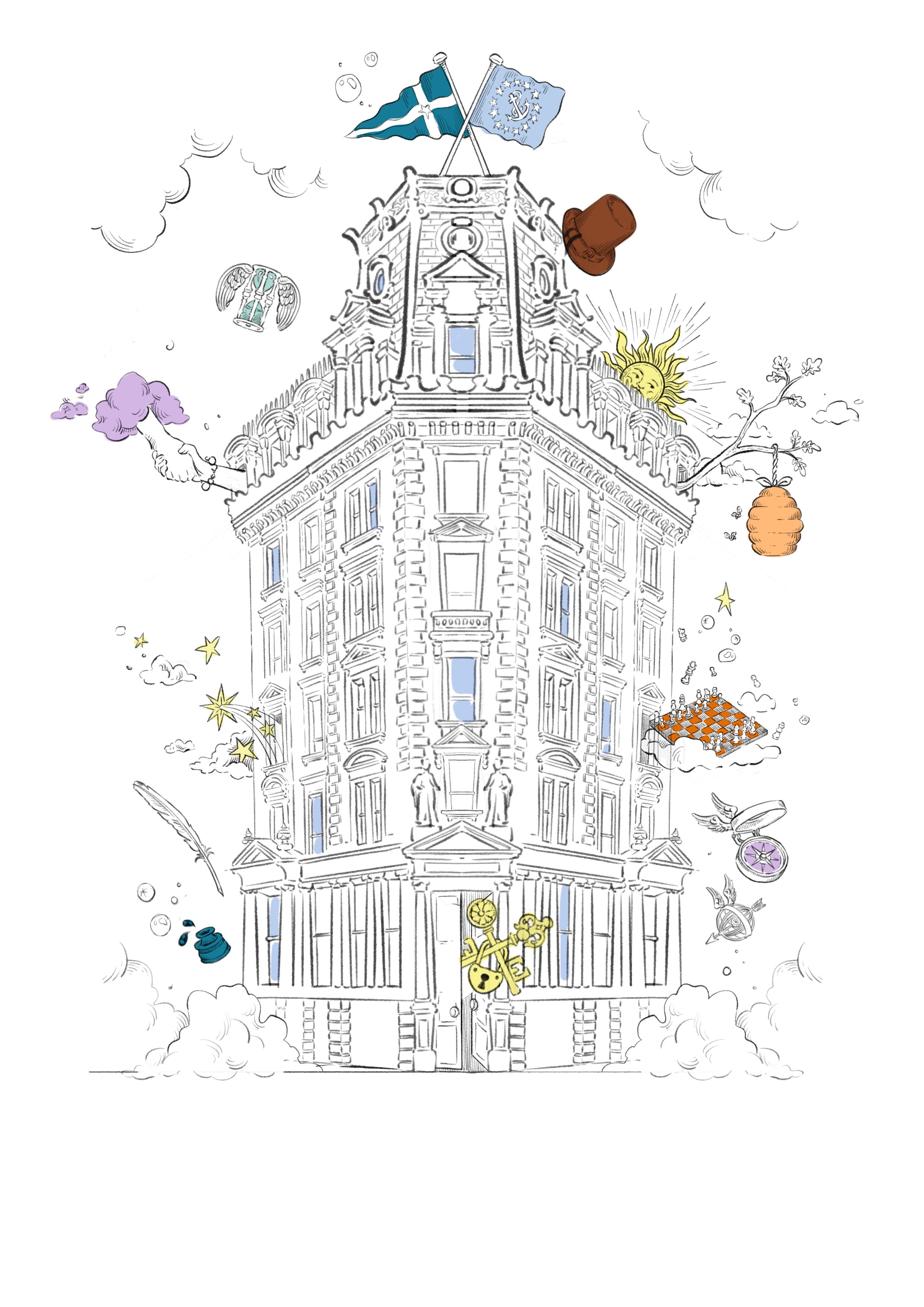 建物外観の素早い鉛筆スケッチ。屋上の目立つ旗竿と構造的な細部が描かれている。